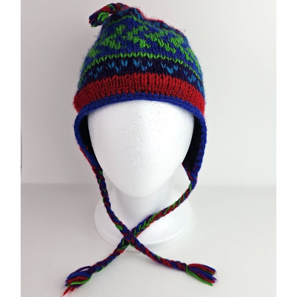 Hand Knit Wool Chullo Earflap Hat Red Green Blue Pattern Boho Winter Beanie